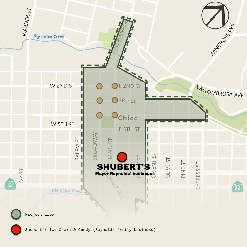 Map of downtown Chico showing the Downtown Revitalization Project area (Main & Broadway, 2nd to 9th) and the location of Shubert's Ice Cream & Candy at 178 E. 7th Street, within the project area.