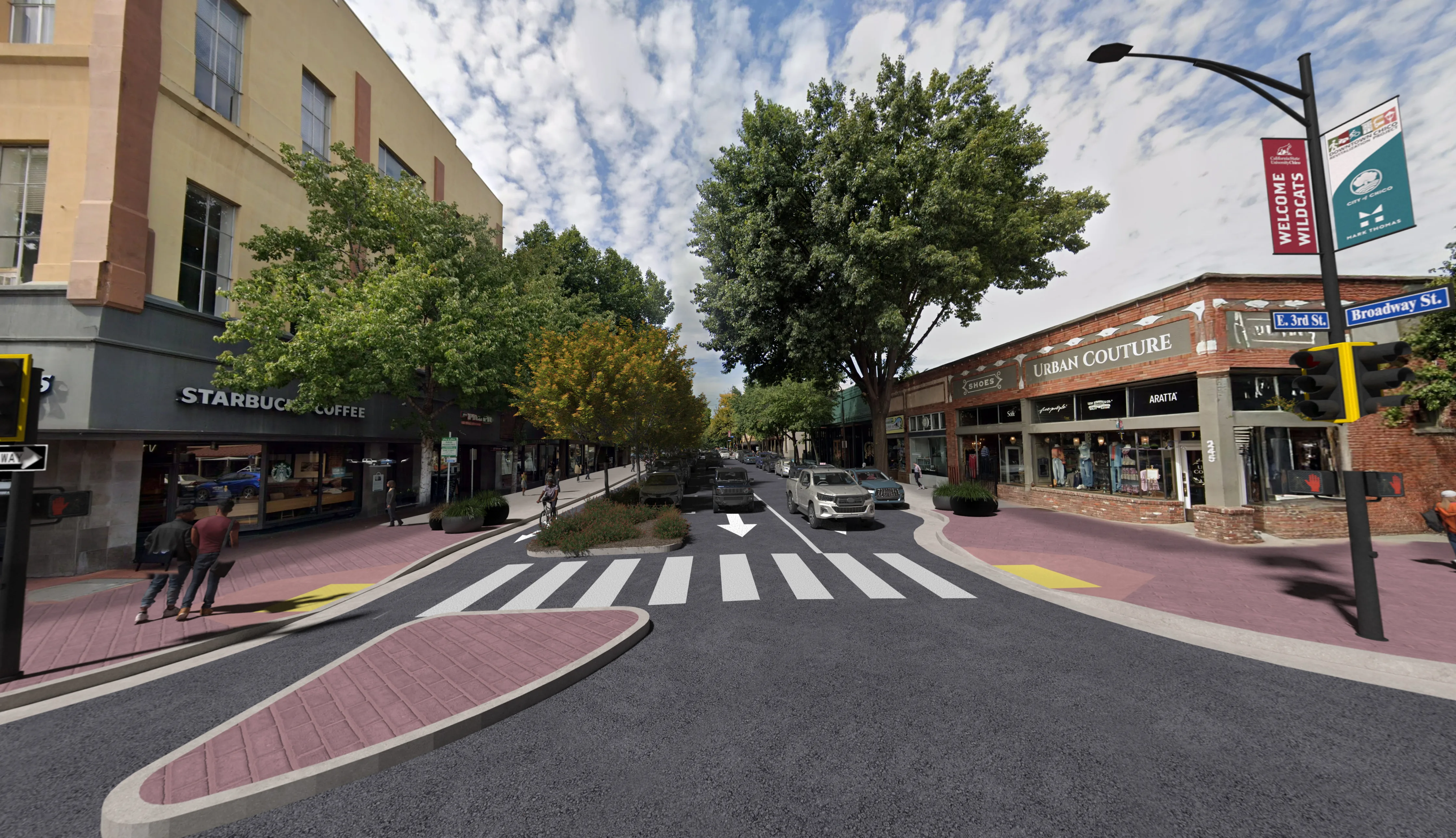 Rendering of Broadway at 3rd Street under Alternative 1 — wider sidewalks, outdoor seating, street trees, a protected bike lane, and people walking and dining instead of three lanes of traffic