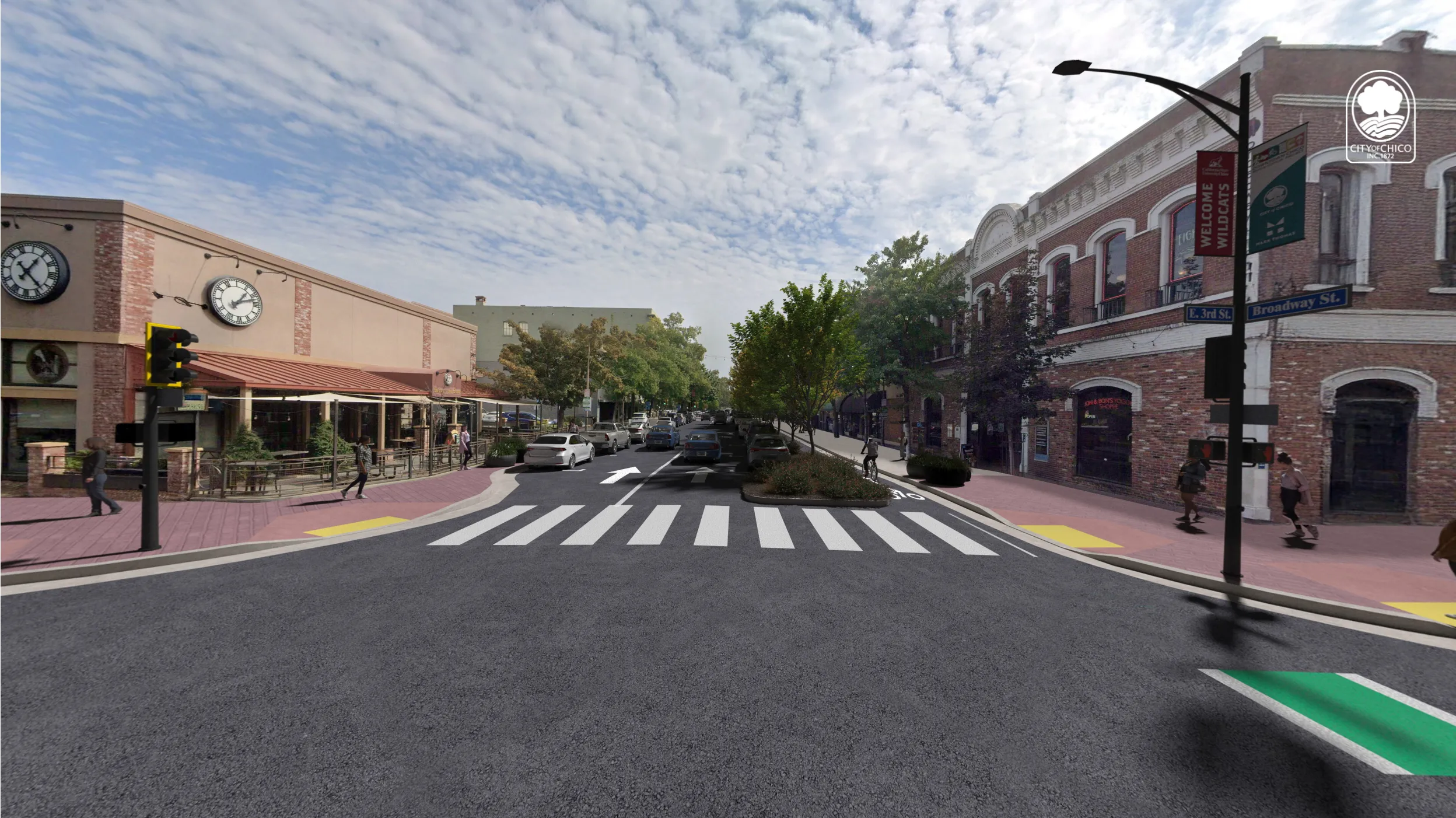 Broadway & 3rd — flex parking, painted buffer, protected lane